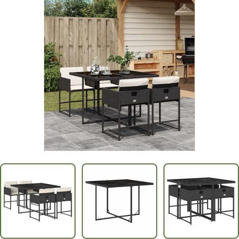 Essgruppe - 5-tlg. Garten-Essgruppe mit Kissen Schwarz Poly Rattan (1/5)