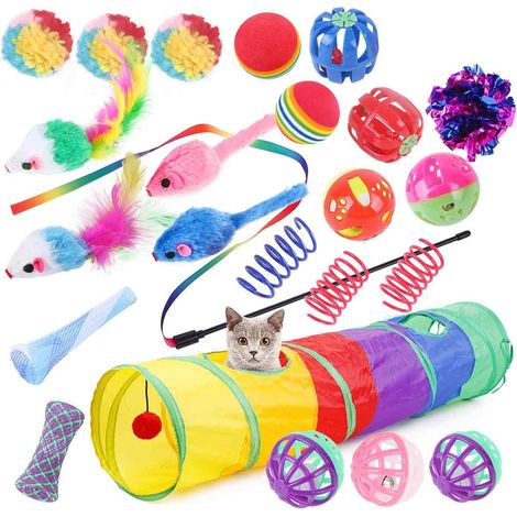 Ensemble Jouet Chat - Tunnel Pliable 60cm Avec Balles Et Souris Sur Ressort - Accessoires Pour Chat D Intérieur - Set 4 Pièces (1/5)