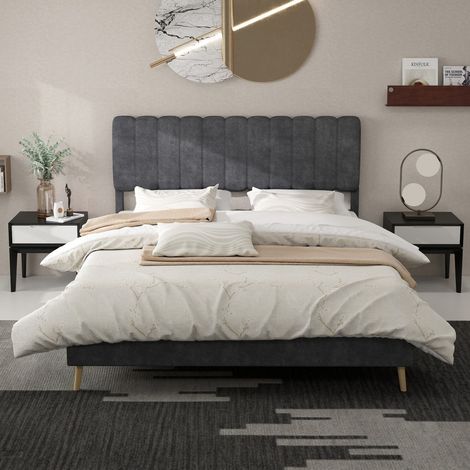 Lit 160x200cm - Lit Double Rembourré 160x200 - Tête de Lit Moelleuse Velours - Structure Stable - Style Minimaliste - Gris (1/5)