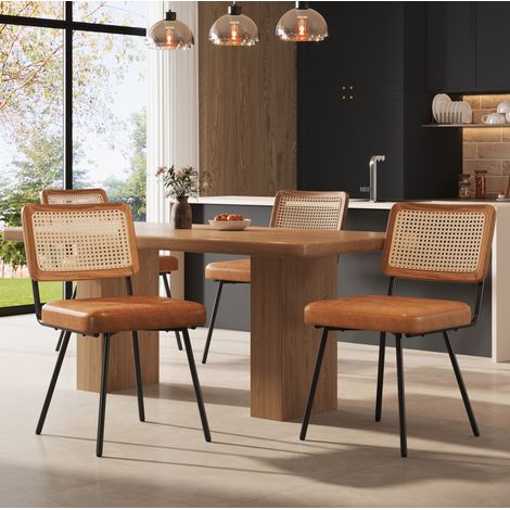 Silla de comedor de metal y PU marrón con respaldo de ratán PE, ergonómica, 61x46x79 cm (1/5)