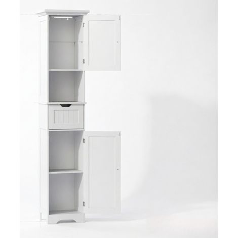 Freistehender Badhochschrank aus weißem MDF mit LED, 40 x 30 x 170 cm (1/4)