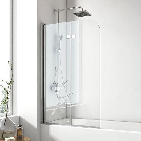 EMKE Badewannenfaltwand 140x100 cm Chrom, 2-teilig faltbar, abgerundet, Badewannenaufsatz 6mm ESG Glas & Nano
