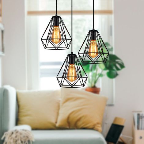 Plafonnier Lustre 3 Lumières Eclairage Diamant en Métal Suspension Contemporain Décoration de Chambre Salon Noir (1/5)