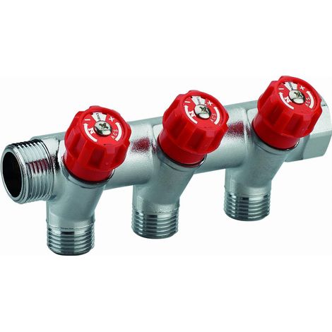 Verteiler mit integrierter Armatur roter Griff männlich weiblich MF3/4' (20x27), 3 Abgänge männlich M1/2' (15x21) Scheibe zur Identifizierung der Wasserstelle Achsabstand 50 mm NOYON & THIEBAULT - 803