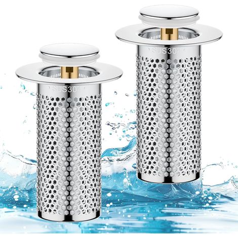 Juego de 2 tapones de desagüe universales, tapones antibloqueo, accesorios universales para lavabos, con botón antiolor, 8 cm de altura. (1/5)