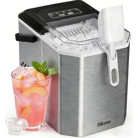 Silonn Machine à Glaçons 12kg/24h - Silencieuse, Autonettoyante et Portable Avec Pelle à Glaçons - Pour Maison, Cuisine, Camping