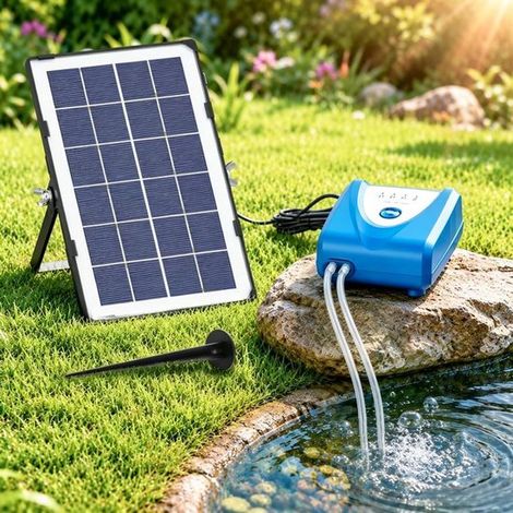 Pompe solaire pour bassin - 4000 mAh - Bleu - Pompe à air solaire - Pompe à air pour aquarium - Aérateur - Trois vitesses réglables - 3,7 watts (1/5)