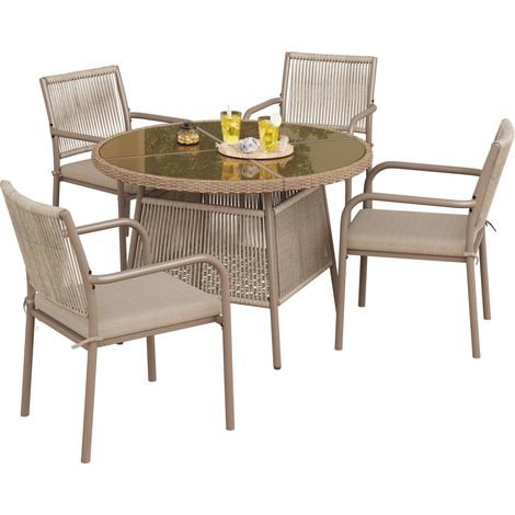 Salon jardin rotin table ronde verre 4 fauteuils structure fer terrasse balcon patio