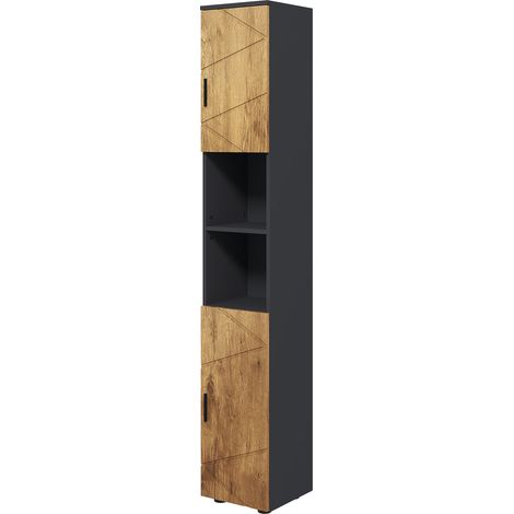 Armoire rangement salle de bain 2 portes étagère réglable 2 niches blanc gris foncé 30 x 30 x 183 cm