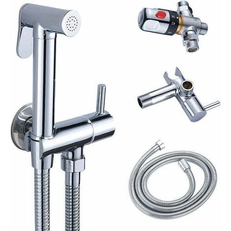 – Douchette WC mitigeur thermostatique en laiton chromé – Pulvérisateur à main anti-brûlure – Tuyau inox 1,2m – Installation murale