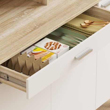 Pour une Cuisine Ordonnée Meuble Garde-Manger avec Passe-Câbles Vaisselier Haut 6 Portes Blanc et Bois 120x40x175 cm (1/5)