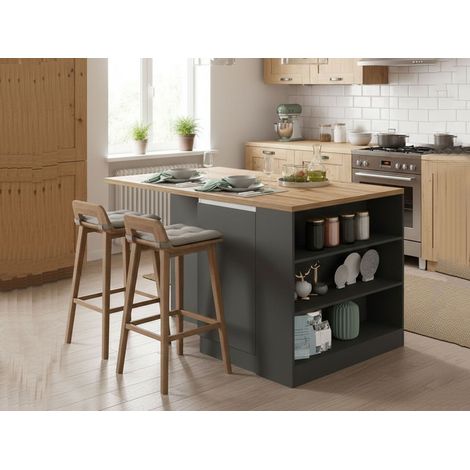 Dmora - Isla de cocina Osvaldo, mesa auxiliar de almacenaje, mueble de cocina con 2 puertas, 100% Made in Italy, 160x90h90 cm, Antracita y Roble, con embalaje reforzado (1/5)