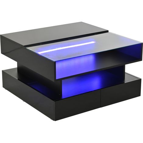 Table basse carrée noire 80 x 80 x 45 cm avec plateau relevable, LED intégrées et double rangement en panneaux de particules et verre trempé (1/5)