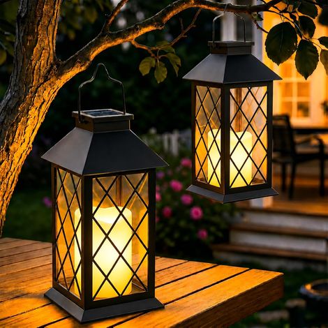 Solarlaterne – 2 Stück – Gehärtetes Glas – Flammeneffekt – Garten, Balkon, Terrasse – Schwarz – 22 cm (1/5)