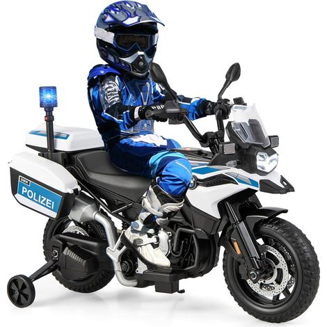 COSTWAY Moto Électrique pour Enfants 12V 6km/h avec 2 Roues Détachables, Moto Police avec 2 Coffre à Jouets, Musique, USB, Klaxon, Sirène, pour Enfant 3 à 8 Ans, 110x63x82,5cm (Blanc) (1/5)