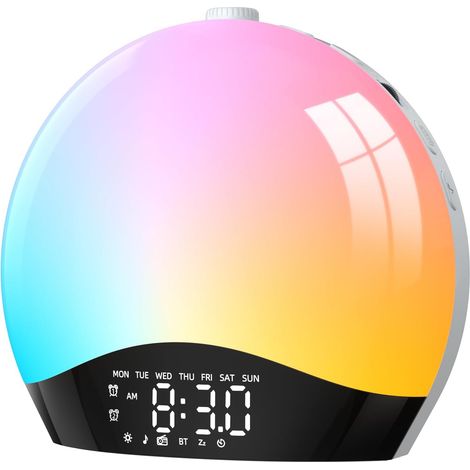 Despertador Luz Natural, Despertador Luz Amanecer Simulación de Amanecer y Atardecer con Radio, 9 Colores de Iluminación Dinámicos y 20 Niveles Brillo, 2 Alarmas y Snooze, Modo Fin de Semana