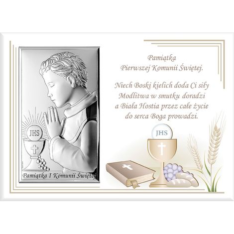 Image souvenir de la première communion pour un garçon, argent, 18x13 Taille: 18x13 cm Couleur : blanc UGS : VL859/4LBI