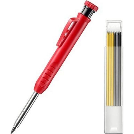 Solid Carpenter's Pencil Set for Construction with 7 Refills, Built-in Sharpener, Long Nose Deep Hole Mechanical Pencil Marker for Father's Day (Red) (1/5)