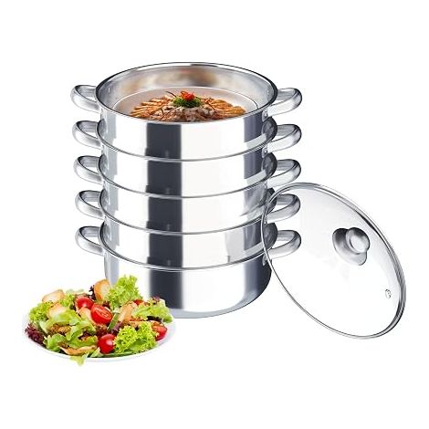 Cuiseur vapeur à 5 étages, 26/28/30 cm, à induction, avec couvercle en verre, poêle et 4 vapeurs, grande casserole vapeur en acier inoxydable, convient à tous les types de feux, argenté (1/5)