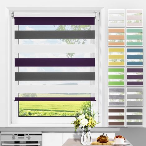 Store Enrouleur Jour Nuit - 1 Pièce - Polyester Blanc Anthracite Aubergine - Réglage Lumière sans Perçage - Salon Chambre Cuisine Bureau - 45x150 cm (1/5)
