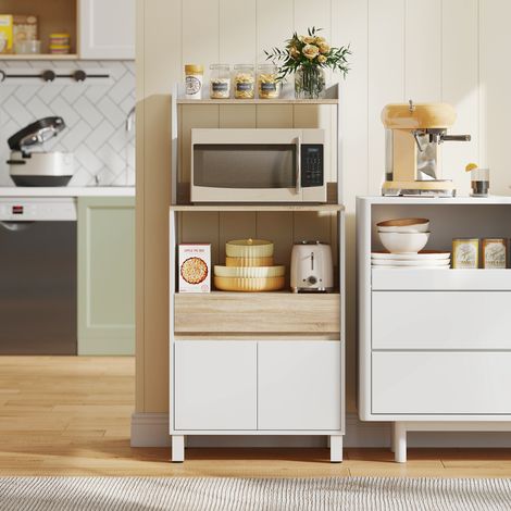 Mueble para microondas, aparador de cocina con armario, cajón y estante superior, 60 x 40 x 131 cm, roble y blanco. (1/5)