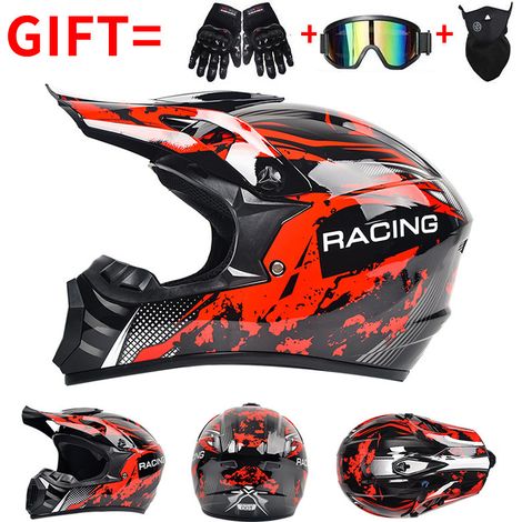 Casque de Moto Cross Intégral Homme/Femme, Certifiés DOT, Casque de Motocross VTT avec Cadeaux (Gants + Lunettes + Masque) - Design Noir et Rouge - Taille L