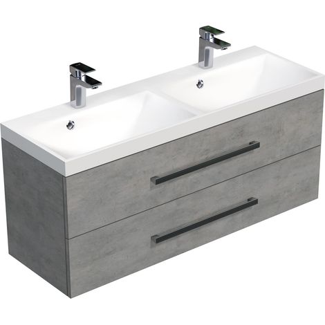 Naturel – Meuble sous vasque double 120x53x40 cm – CUBE2120ZBE – MDF béton stratifié – Vasque en résine blanche – 2 tiroirs extensibles (1/2)