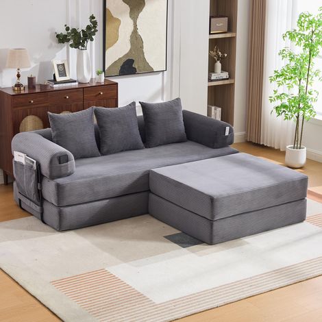 Canapé modulable en velours côtelé avec pouf, structure métallique robuste, poche latérale et 3 coussins confortables – rembourrage extra épais pour un confort accru, combinable à volonté et polyvalen (1/5)