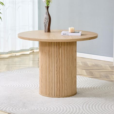 Table ronde extensible ø100 cm 4 segments en mdf bois clair, pieds cylindriques avec rangement, 4 à 6 personnes (1/5)