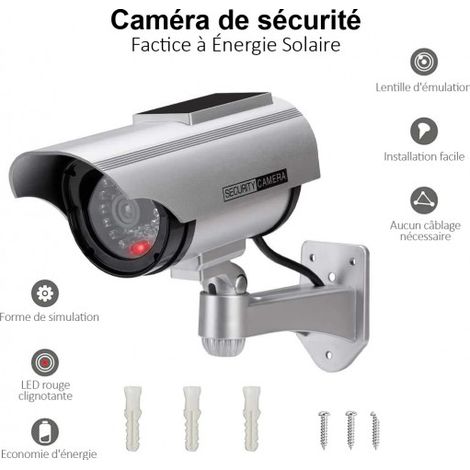 Caméra de Surveillance Factice Extérieur Energie Solaire Sans Fil - Circuit fermé de sécurité Lumière Clignotante LED Argent (1/5)