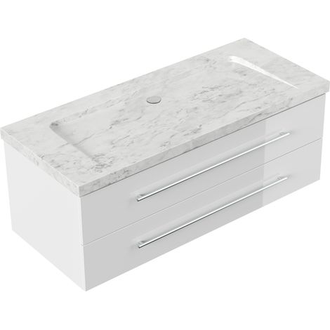 Badmöbel Marmor Carrara White Damo 130 cm ohne Hahnloch SoftClose weiß hochglanz (1/5)