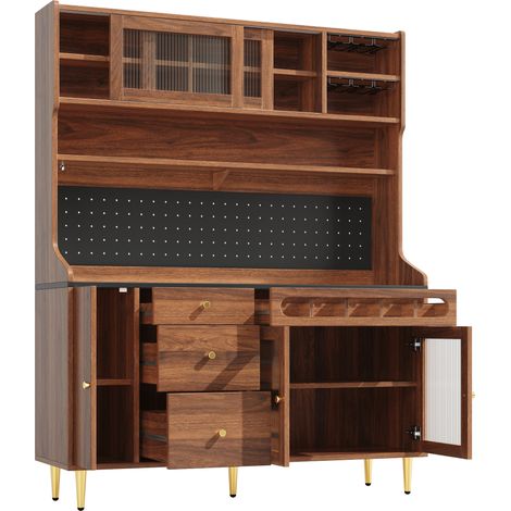 Vitrina alta con LED, estantes regulables y botellero, 145x39x171 cm, nogal, MODENUIT (1/5)