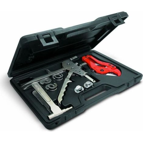– Complete crimping tool kit for slip fittings – Compatible with 12, 16, and 20 mm diameter pipes – Ergonomic metal crimping tool – Carrying case (1/5)