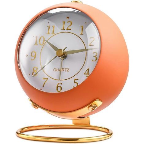 Analoger Wecker, kleiner Tischwecker im schlichten und niedlichen Retro-Design mit Nachtlicht, geräuschlos (kein Ticken), batteriebetrieben [HK] Orange (1/5)