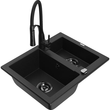Mexen Carlos fregadero de granito de 1,5 senos con grifo de cocina Aster, negro - 6518-77-73450-70-B (1/5)
