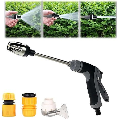 Pistolet d'arrosage en métal avec buse, lance et embout pour arrosoir, pulvérisateur haute pression pour le lavage de voiture et de vitres (avec 3 raccords). (1/5)