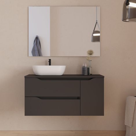 Meuble de salle de bain 100cm avec plateau, vasque à poser déportée à gauche Zeus et miroir - 2 tiroirs et un placard - noir - ZARZA