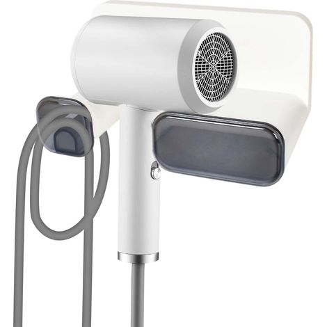 Support Sèche Cheveux avec Ventouse, Porte Sèche Cheveux sans Perçage avec Crochet de Câble et Boîte de Rangement, Organisateur de Salle de Bain (1/5)