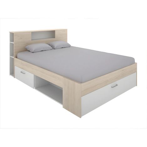 Vente-Unique – Lit adulte 160 x 200 cm avec tête de lit et rangements – 2 tiroirs et 9 niches – Panneau mélaminé blanc et naturel – Éco-responsable (1/5)