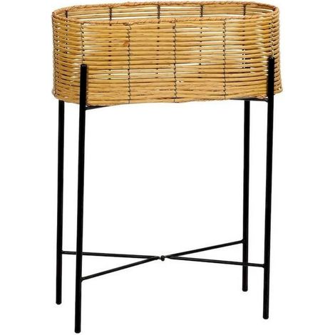 Jardinière sur pied rotin synthétique et métal style naturel - Beige naturel et noir mat (1/3)