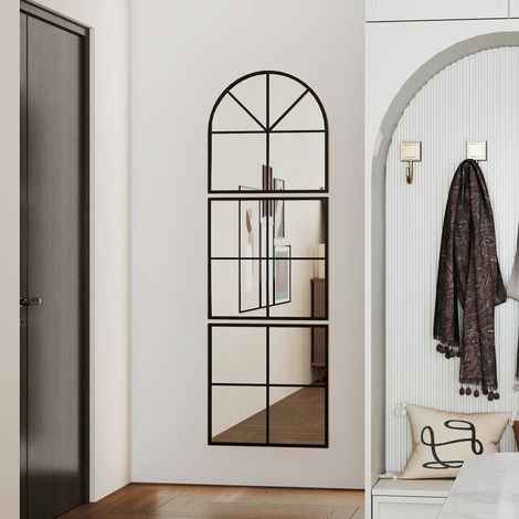 Espejo de pared de tres piezas, espejo arqueado con marco de metal, decorativo, 60 x 2 x 180 cm, negro.