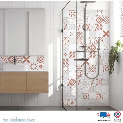 Panneau de douche : Carreaux ciment gris et couleurs - Couleur Rouge beige - Alu composite - 90 - 245 (1/3)