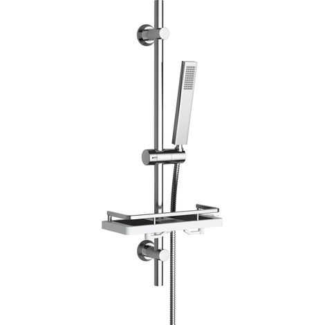 Colonne de douche avec étagère de douche/porte-savon, barre de douche en acier inoxydable de 70 cm, Ensemble de douche et pommeau de douche, douchette avec tuyau et support, Chromé (1/5)