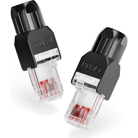 Connecteur RJ45 sans Outil Cat6, Fiche RJ45 UTP, Noir, 2 Pièces 1000 Mbps/250 MHz, Prise RJ45 Compacte Réutilisable, Fiche Ethernet UTP Plaqué or pour Câble Réseau AWG 23-26, Compatible PoE (1/5)