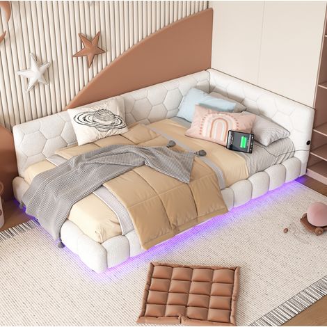 Lit banquette 90 x 200 cm en velours blanc avec LED 16 couleurs et ports USB/Type-C (1/5)