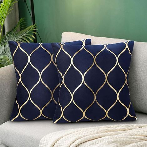 Navy Blue Velvet Cushion Cover 45x45cm Set of 2 Modern Soft Gold Sofa Cushion Decoration with Hidden Zipper for Chair, Office, Bed (1/5)