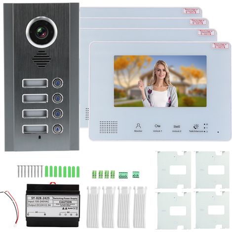 Kit Sonnette Vidéo Bus 2 Fils Type Direct, Écran Couleur, Interphone Bidirectionnel, Vision Nocturne, Résistant aux Intempéries, AC 100-240V pour Appartement Maison (1/5)