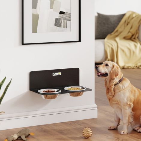 Comedero para perros de pared con altura regulable, con 2 cuencos de acero inoxidable de 800 ml, 42 x 23,5 x 14 cm, negro. (1/5)