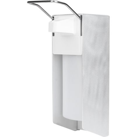 Distributeur de savon mural en plastique blanc à pression sur coude, avec pompe à savon manuelle et boîte de distribution. (1/5)