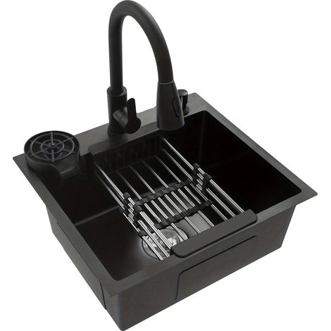 Évier utilitaire, robinet escamotable, distributeur de savon, noir (1/2)